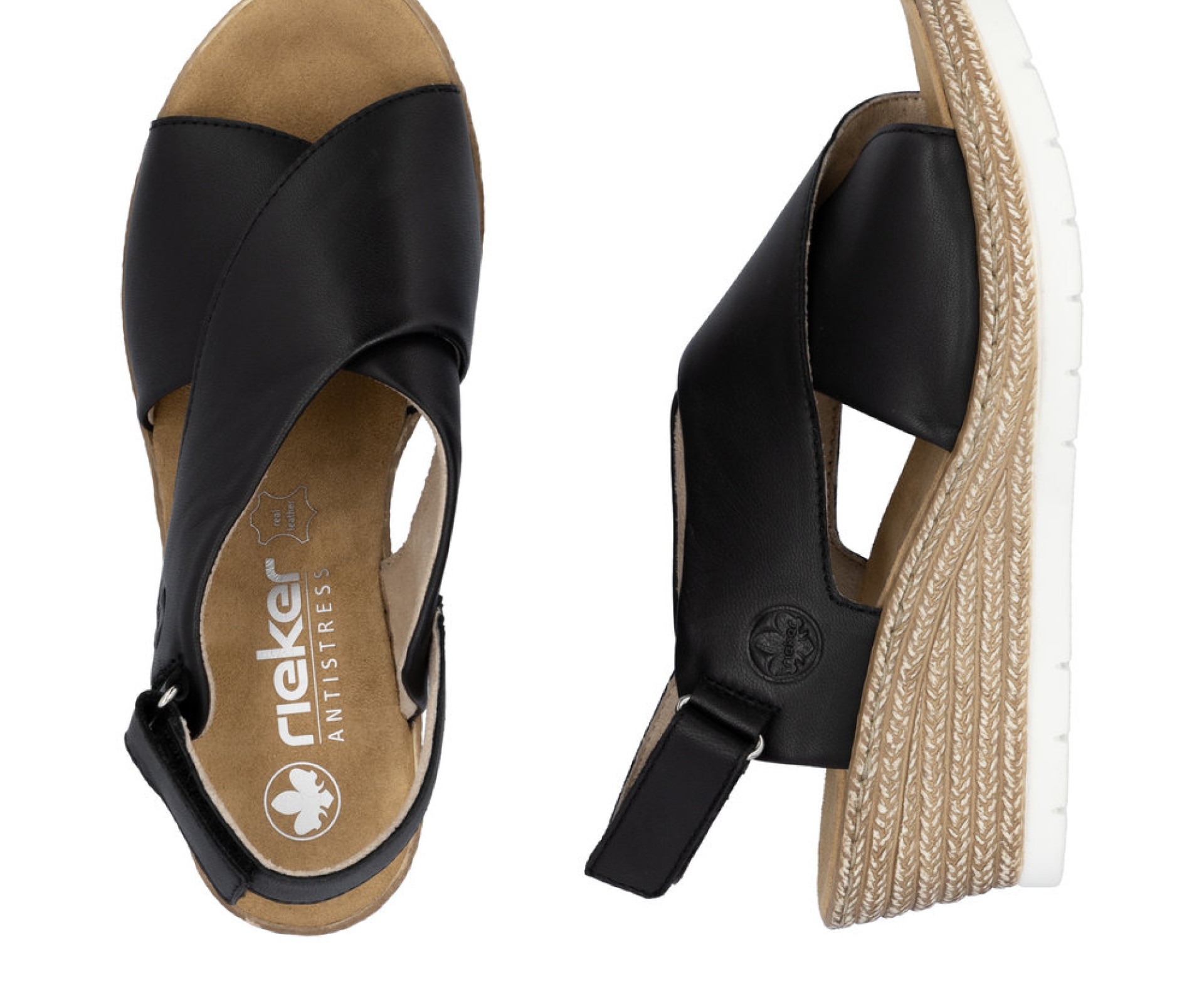 RIEKER fekete telitalpú női bőr szandál 