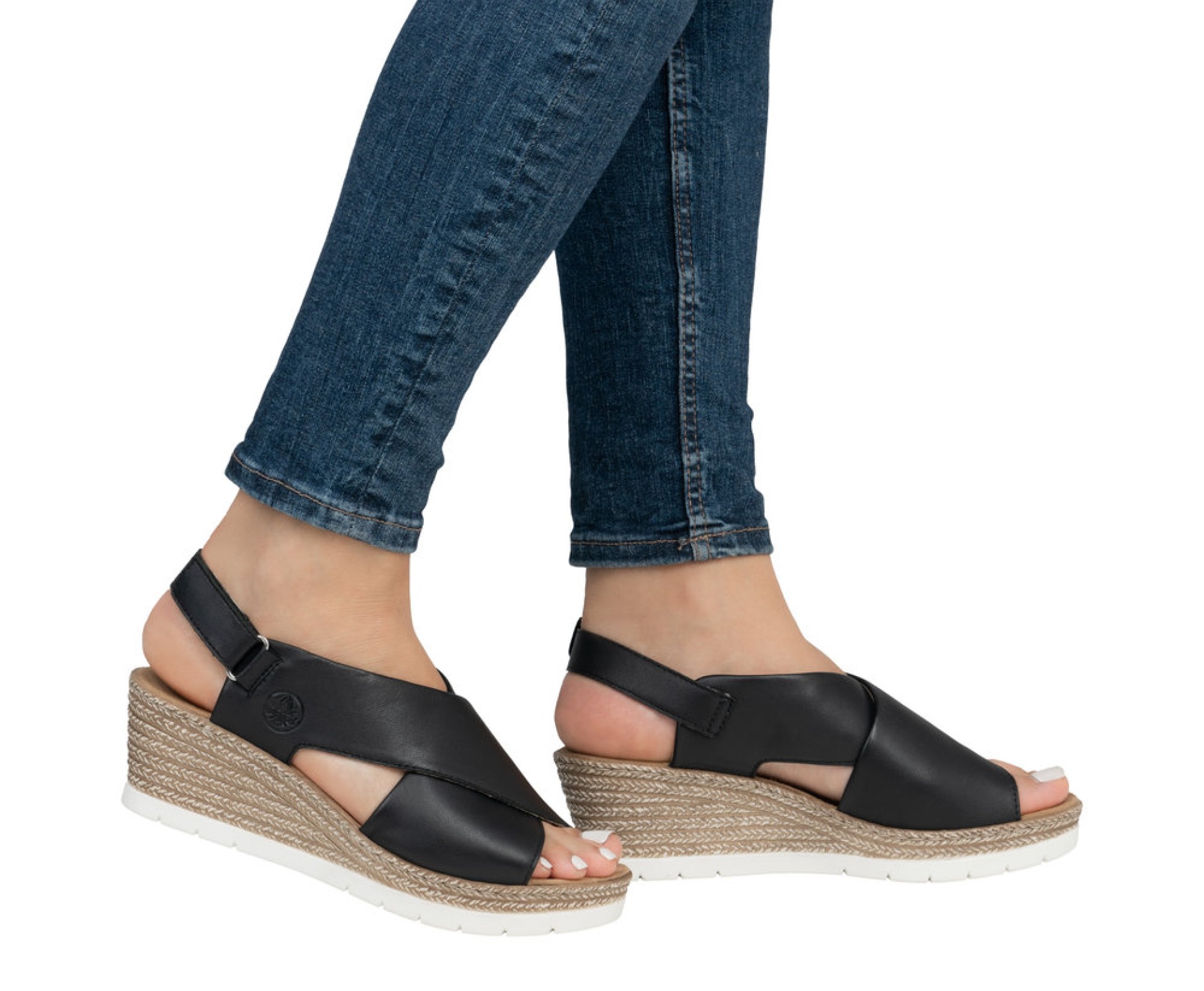 RIEKER fekete telitalpú női bőr szandál 